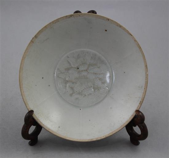 A Chinese Yingqing twin fish shallow bowl, Song-Yuan dynasty, 16cm